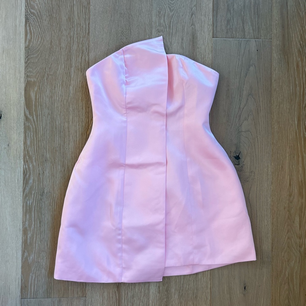 Commense Light Pink Gold Satin Asymmetrical Embellished Strapless Dress Medium - Picture 3 of 14